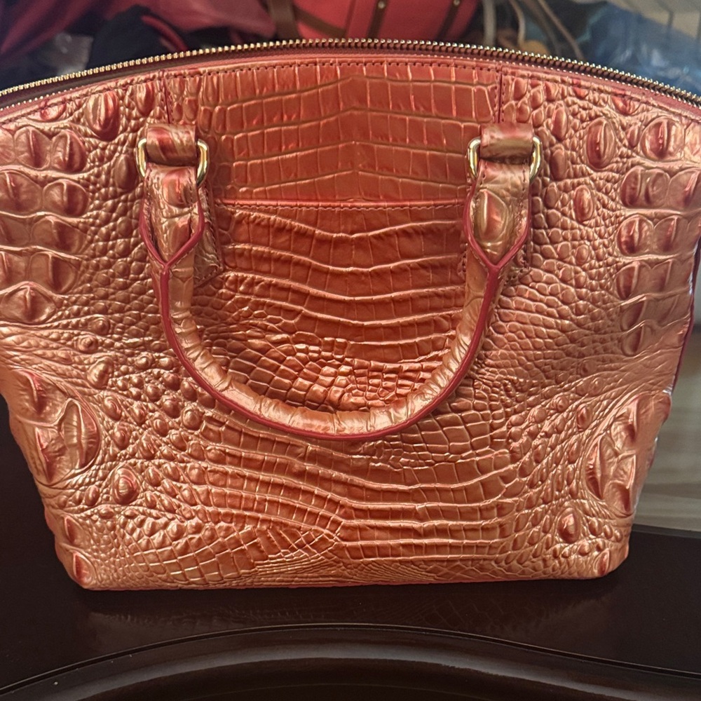 Brahmin Metallic Peachy/Orange Crocodile Satchel - Picture 4 of 5